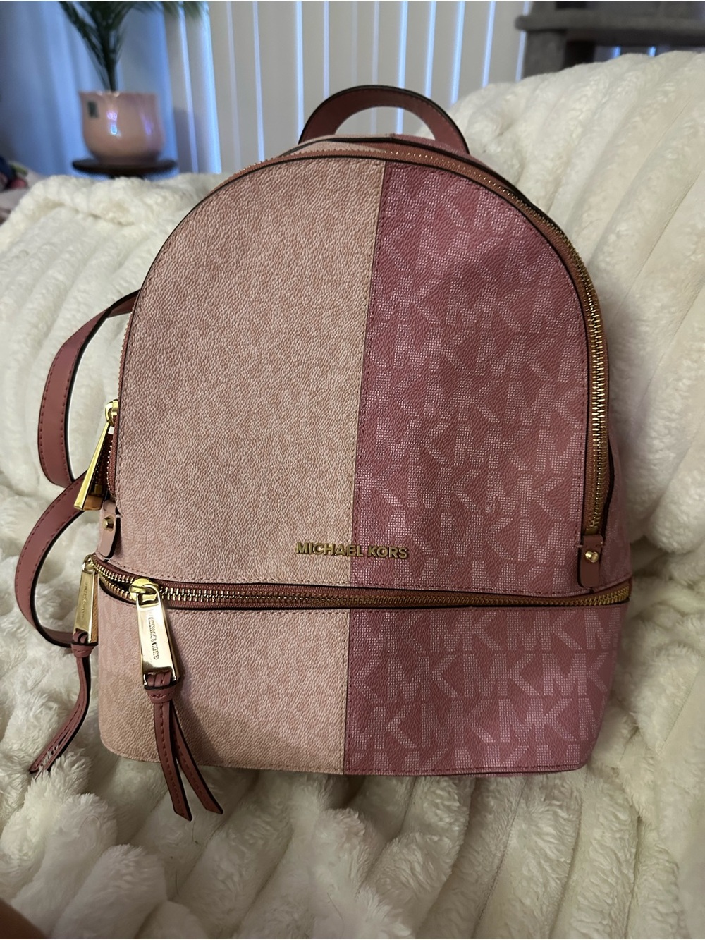 MICHAEL KORS Pink Two-Tone MK Logo Mini Backpack